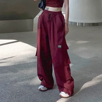 Bacak Pantolon Dokuz Kırmızı Sokak Hip Hop Yüksek Bel İpli kadın pantolonları Cep Moda Geniş Bacak Vinç Pantolon Y2K Giyim