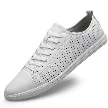 Erkek Spor Ayakkabı Moda Beyaz Hollow Out Yaz ayakkabı Rahat Nefes Lace Up Hakiki Deri Lüks Marka Yürüyüş erkek ayakkabısı