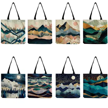 Çevre Dostu Tote Çanta Yüksek Kapasiteli Okul Öğretmen hediye çantası Özelleştirilebilir Alışveriş Çantası Sanat Soyut Dağ Ve Su Manzarası
