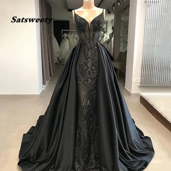 Uzun Zarif Akşam Elbise Yeni Varış V Yaka Dantel Suudi Arabistan Kadınlar Siyah Örgün Abiye giyim DetachableTrain