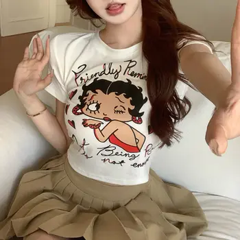 Y2K Vintage Grafik Baskı Kırpma Üst Harajuku Grunge Koyu Akademi E-kız Gotik Kawaii Bebek Tees Şık Kadın retro tişört Giysi