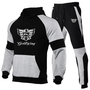 Goldwing GL1500 2023 Bahar Yeni erkek Eşofman Rahat Renk Eşleştirme Hoodie Setleri + Pantolon İki Parçalı Hip Hop Streetwear spor elbise