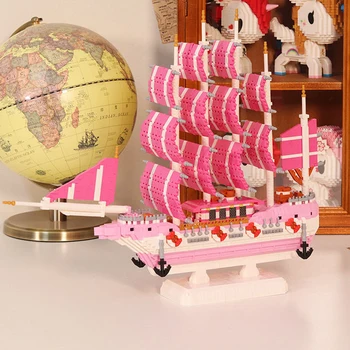 Pembe Romantik Estetik Aşk Yelkenli Korsan Gemisi Tekne 3D Modeli DIY Mini Elmas Blokları Tuğla Yapı Oyuncak Çocuklar için