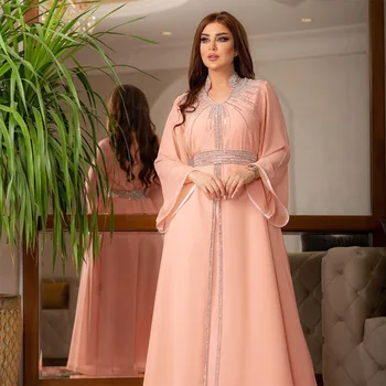 Fas Kaftan Kadınlar 2023 Moda Elmas Kemer şifon elbise Eid Ramazan Arapça Elbise İslam Lüks Parti müslüman kıyafetleri