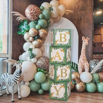 Yeşil bebek duş dekorasyonu Balon Kutusu Jungle Safari İlk 1 1st Doğum Günü Partisi Dekoru Bir Yıl Cinsiyet Reveal Vaftiz Dekor