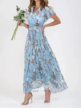 Yaz Çiçek Elbise Kadınlar için 2023 Yeni V Yaka Kısa Kollu Tatil Plaj Elbise Tatlı Bayan Maxi Uzun Şifon Elbiseler