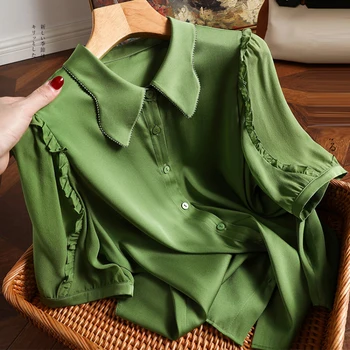 Kısa Kollu Katı Saten Blosue Kadınlar Düğme Aşağı Rahat İpek Kadın Gömlek Yaz Giyim 2023 Gevşek Yeşil Bluz Blusas 26857