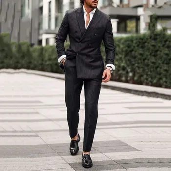 Erkek 2 Parça Takım Elbise Zarif Şerit Siyah Nokta Yaka İnce Smokin Yeni Moda Düğün Parti Ceket Pantolon Kruvaze 2023