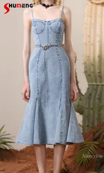 Mizaç Denim Maxi kemerli elbise Kadınlar için 2023 Yaz Yeni Kovboy Boncuklu Sling Bel Zayıflama Kemeri Ruffled Fishtail Elbiseler