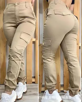 Düğmeli Cepler Tasarım Katı Rahat Pantolon Kadın İlkbahar Yaz Moda Rahat Ayak Bileği Uzunlukta Pantolon Pantolon