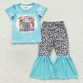 Toptan Çocuk Seti Kısa Kollu Kabak Çiçeği T-shirt Yürümeye Başlayan Çocuk Leopar Çan Pantolon Bebek Kız Şükran Güz Kıyafet