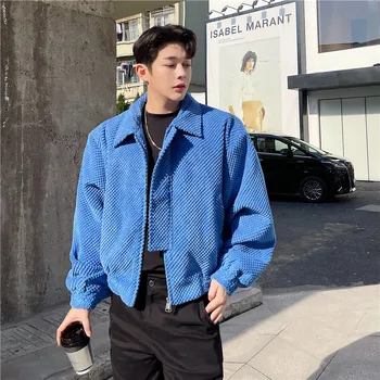 2022 Bahar Kore tarzı kişilik grenli sense tasarım ceketler erkekler için rahat gevşek düz renk mavi ceketler erkekler, M-XXL