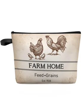 Vintage Çiftlik Hayvan Tavuk Retro Büyük Kapasiteli Seyahat Kozmetik Çantası Taşınabilir makyaj kutusu Çantası Kadın Su Geçirmez kalem Kutusu