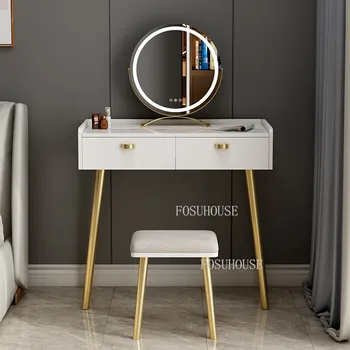 Modern basit Ev yatak odası mobilyası tuvalet masası Küçük Daire Çift Çekmeceli Ayna / makyaj Dışkı beyaz Tuvalet Masaları