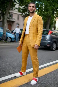 2023 Son Pantolon Ceket Tasarımları Sarı Keten Erkek Takım Elbise Rahat Smokin Terno Slim Fit 2 Parça Takım Elbise Özel Blazer Vestido ceket + Pantolon