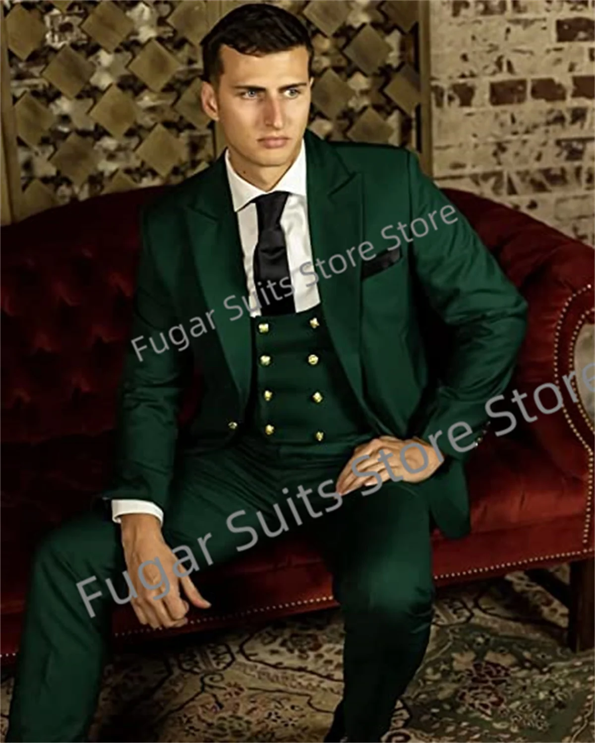 Lüks Iş Yeşil Düğün Erkek Takım Elbise Slim Fit Tepe Yaka Damat Resmi Smokin 3 Parça Setleri Moda Erkek Blazer Kostüm Homme