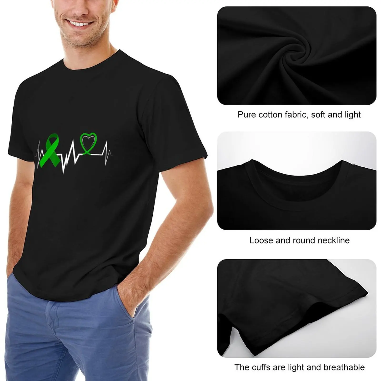 Kalp atışı Yeşil Şerit Böbrek Hastalığı Farkındalık T-Shirt erkek t shirt özel t shirt slim fit t shirt erkekler için