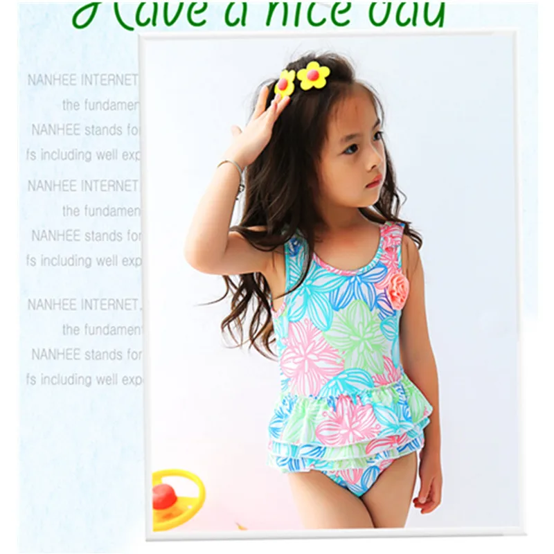 2018 Bebek Kız Mayo Renkli Çiçekler Baskılı 1-8Years Çocuklar Elbise Tasarım Mayo Çocuk Tek Parça Plaj Kıyafeti