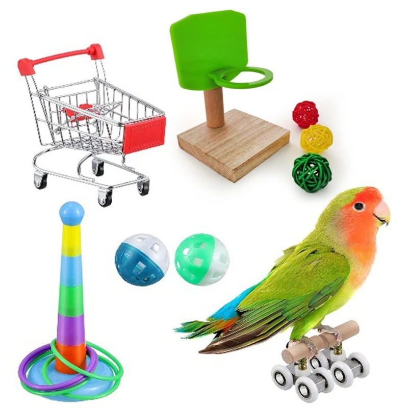 6 Adet Kuş İstihbarat Eğitim Oyuncak Papağan Mini Alışveriş Sepeti Paten İstifleme Halka Oyuncaklar Çan Topları
