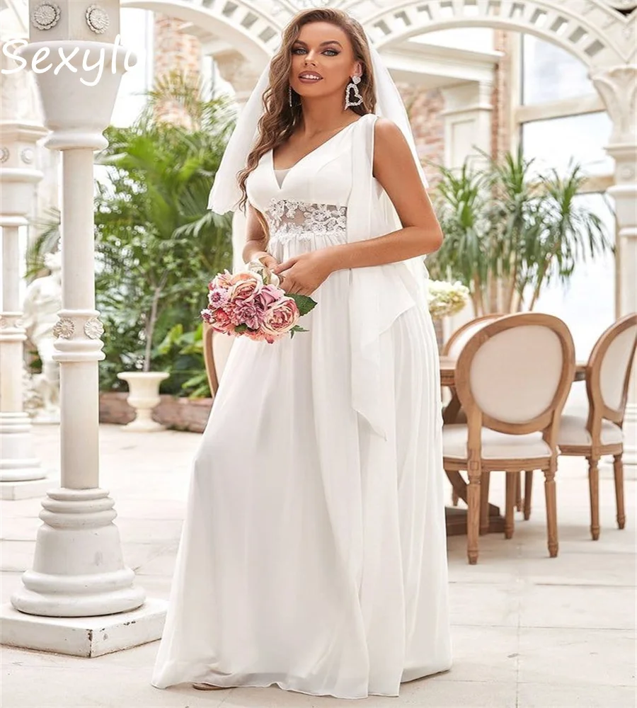 Basit Beyaz Plaj Boho düğün elbisesi 2023 Kat Uzunluk Şifon V Boyun Bohemian gelin elbiseleri Cap Sleeve Hochzeit Kore Tarzı