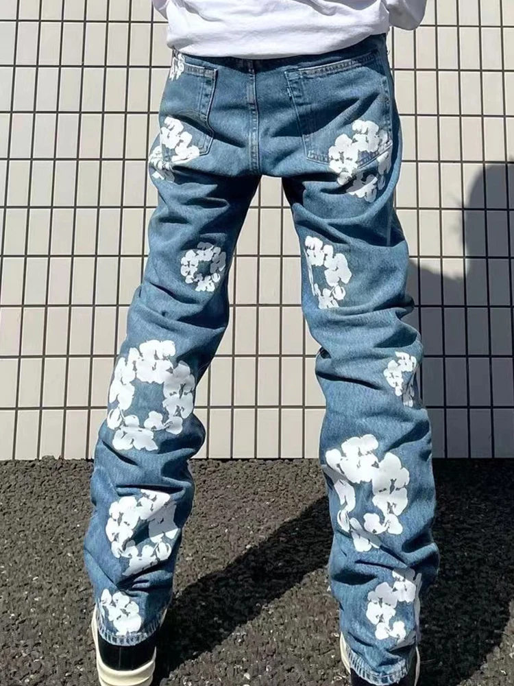 Yeni Varış Gevşek Düz Rahat Pamuklu Denim Pantolon Pantolon Y2K Giysileri Streetwear Casual Moda Çiçekler Baskılı Kot Erkekler İçin