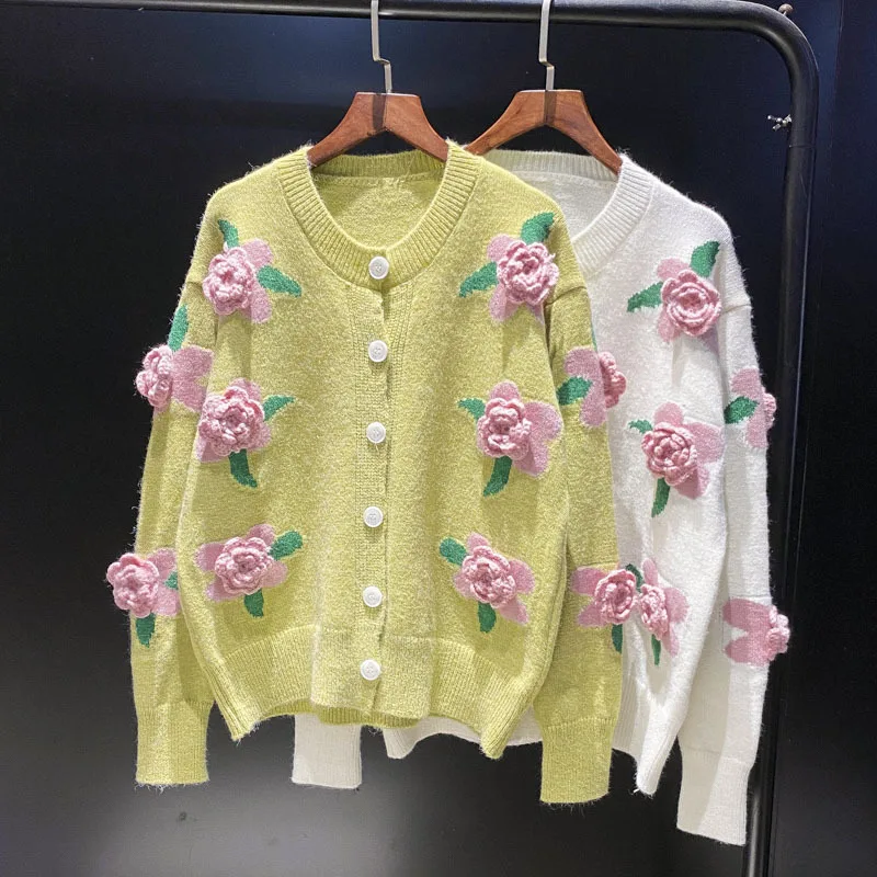 2023 Sonbahar Kış Örme Kadın Hırka Gevşek Streetwear Örgü Kazak Ceket Çiçek Baskı O-boyun Örme Hırka Kadın Ceket