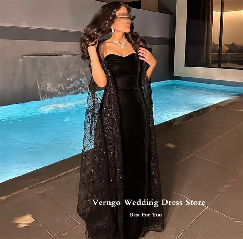 Verngo Siyah Kadife Suudi Arabistan Kadınlar Abiye Glitter Ceket Uzun Kollu Balo Abiye Örgün Durum Elbise 2023