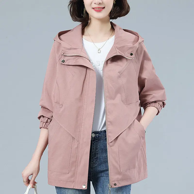 Kadınlar 2023 Yeni Bahar Sonbahar Kore Vintage Katı Kapşonlu Uzun Kollu Ceket Kadın Moda Rahat Fermuar Coats Dış Giyim X103
