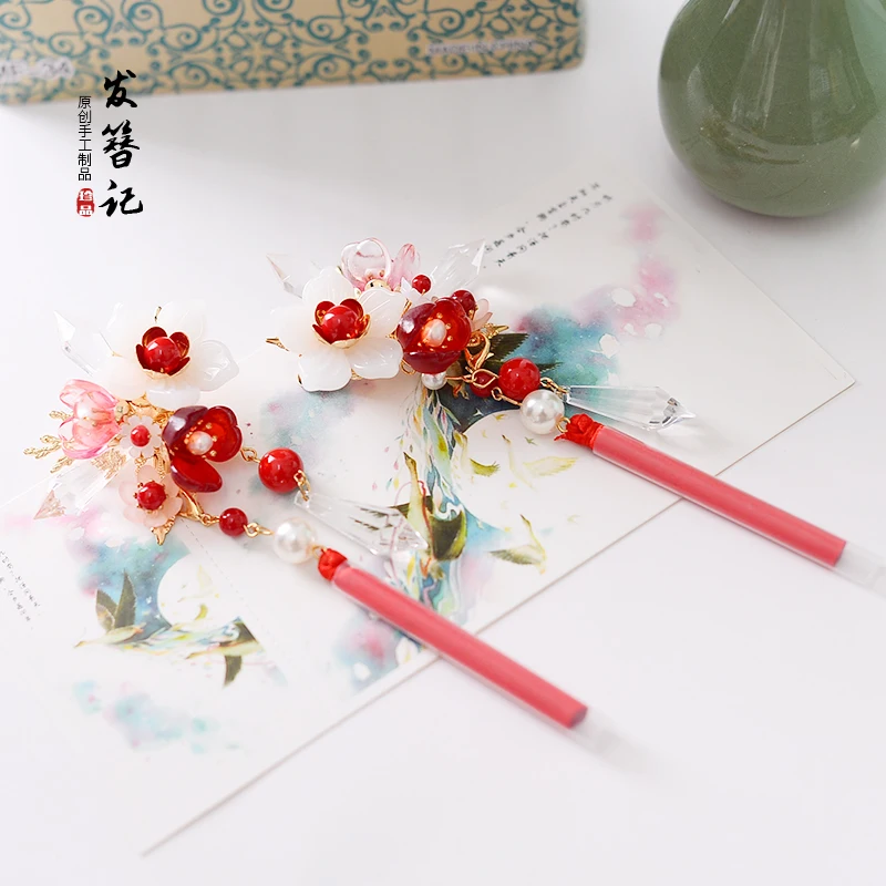çift vintage kırmızı çiçek el yapımı saç tokası püskül saç aksesuarları Şapkalar kimono hanfu COSPLAY FZ