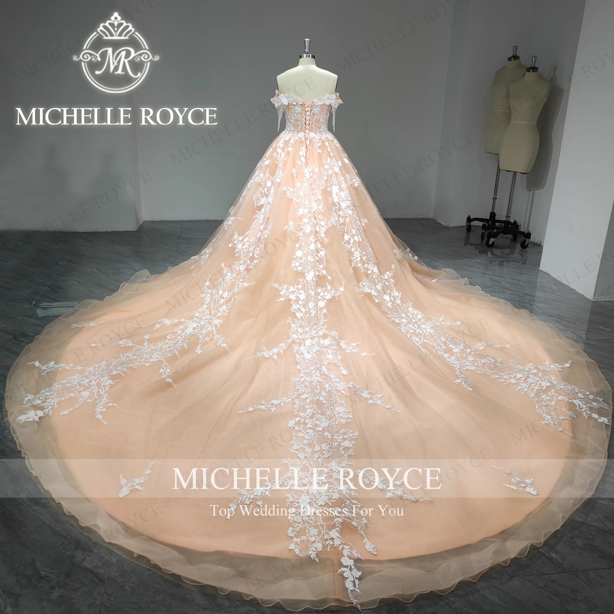 Michelle Royce Topu cüppe şeklinde gelinlik 2023 Kapalı Omuz Sevgiliye Aplikler Boncuk PÜSKÜL Dantel gelinlik Vestidos De Novia