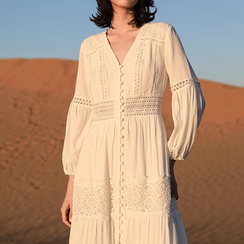 COCHONNET plaj elbisesi Seyahat Giyim Kadın Uzun Etek Beyaz Sahil Tatil İnce Elbise