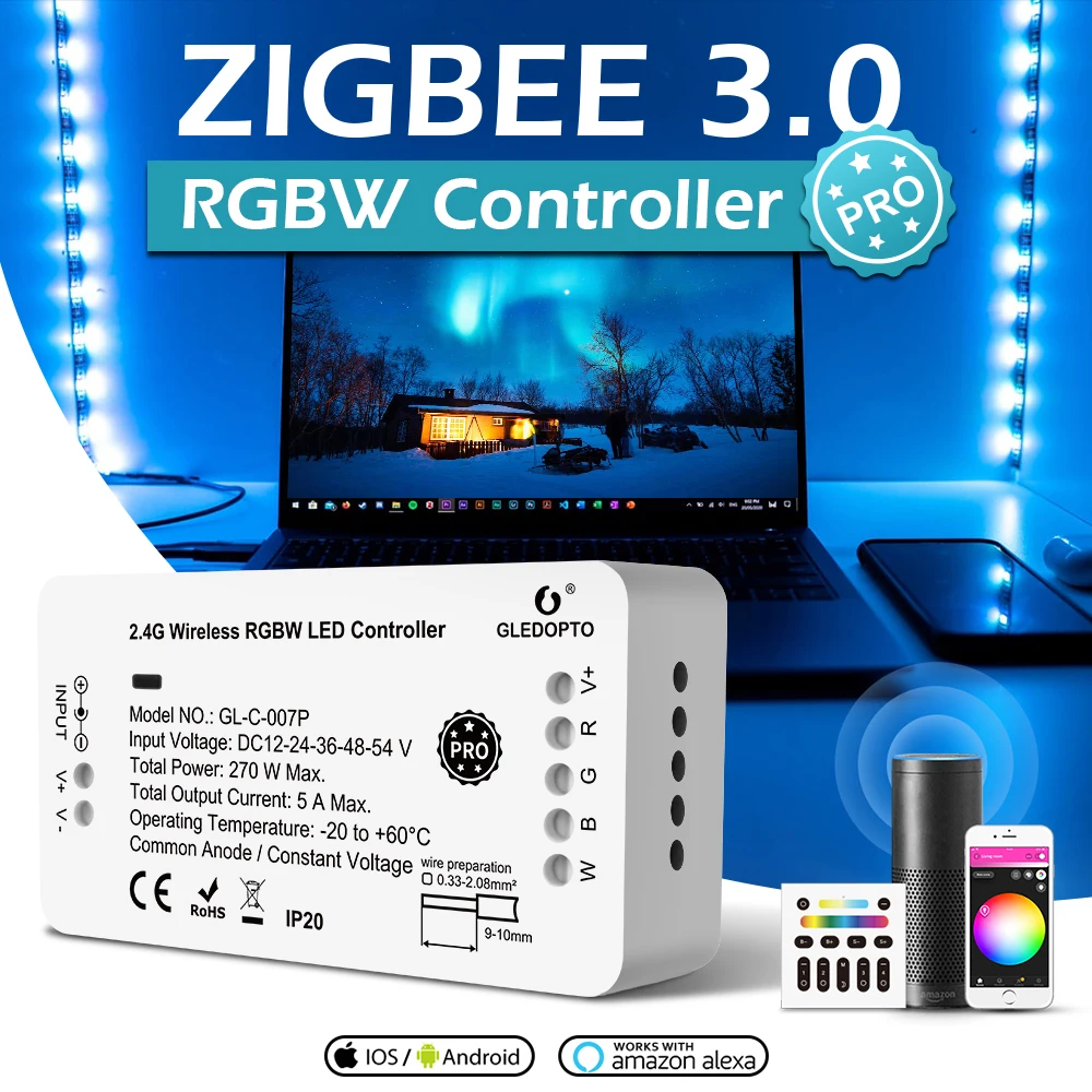 Zigbee 4in1 Led Şerit 12V RGBW RGBWW 5050SMD Kısılabilir Esnek ışık + Pro Denetleyici + Uzaktan + Güç Echo Plus Ses Kontrolü