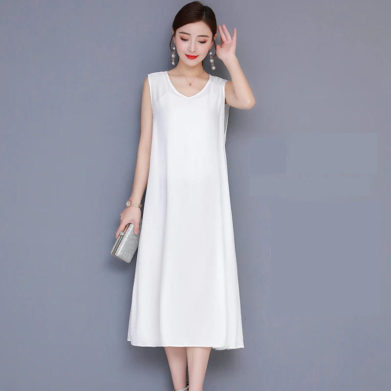Kadınlar için elbiseler 2022 İpek Beyaz Askı Elbise Kadınlık Orta Uzun Yaz Dut Kolsuz Yelek büyük elbise Vestido Cjk