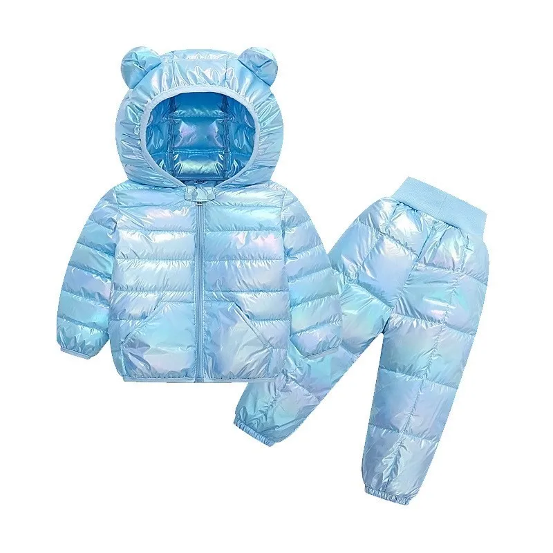 Toddler Bebek Kış Sonbahar giyim Seti parlak sim Ceketler + Pantolon Pamuk Aşağı Paddes Sıcak Dış Giyim Çocuklar Küçük Kız Erkek Takım Elbise