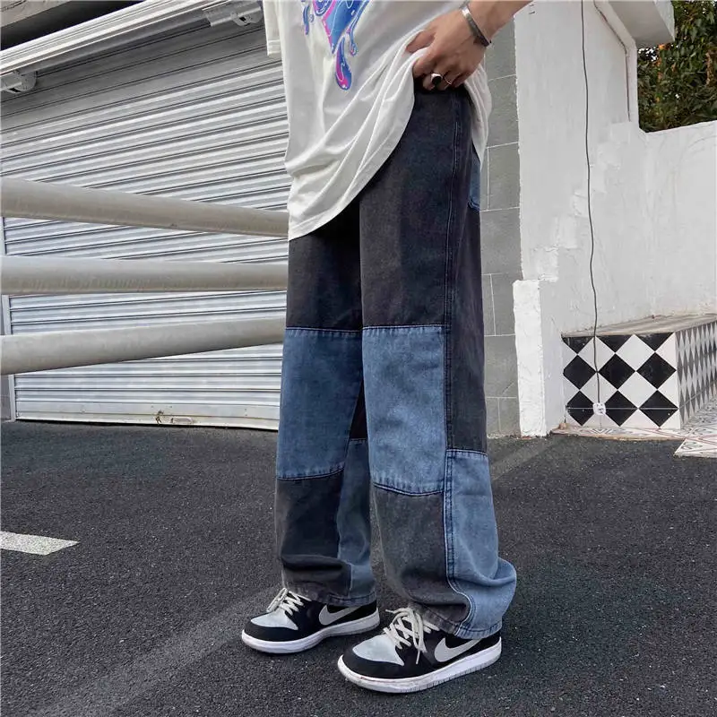 Kot Kadın Orta Bel Patchwork Tasarım Çift Gevşek S-3XL Düz Tam Boy Kot Pantolon Serin Hiphop Streetwear Tüm Maç