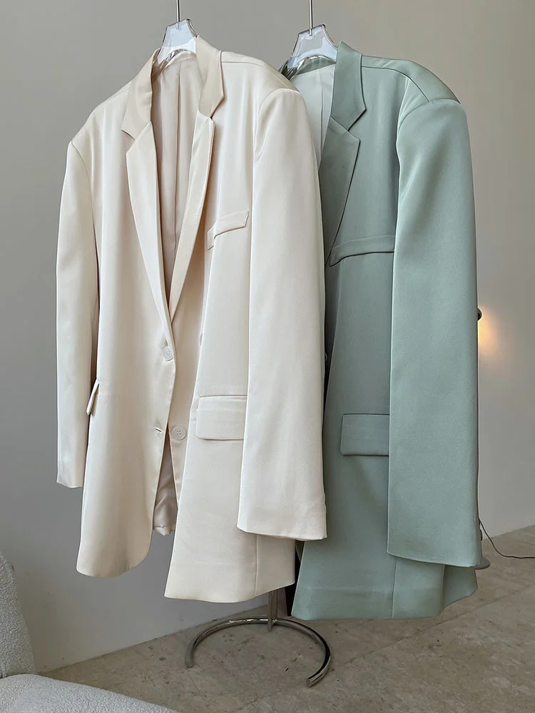 Çentikli Blazer Gevşek İnce Geniş Omuz Kruvaze Düz Renk Ceket Ofis kadın giysisi 2023 Yaz Yeni