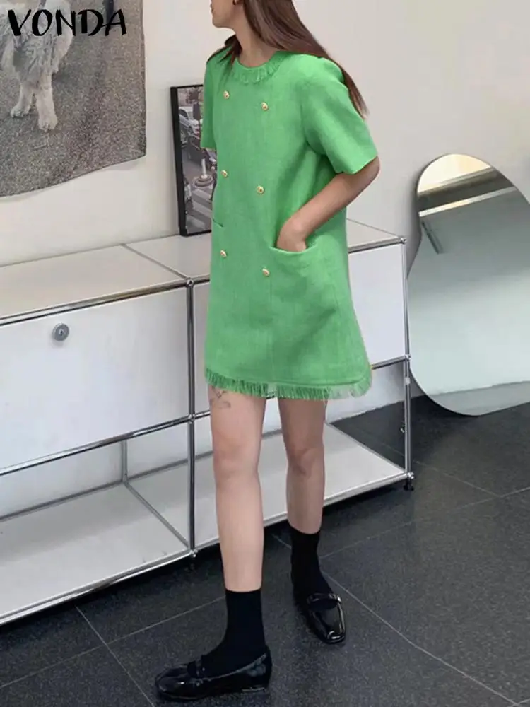 Zarif Düz Renk Püskül Mini Elbise 2023 VONDA Yaz Kadın Kısa Kollu Kruvaze Akşam Sundress Casual Parti Vestido