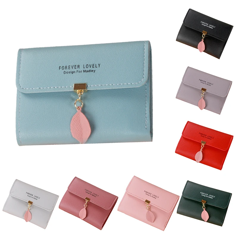 Kadın küçük cüzdan Güney Kore Sevimli Püskül Yaprak Kolye Moda Trendi Üç Kat PU Deri Katlanır Küçük Taşınabilir kart çantası