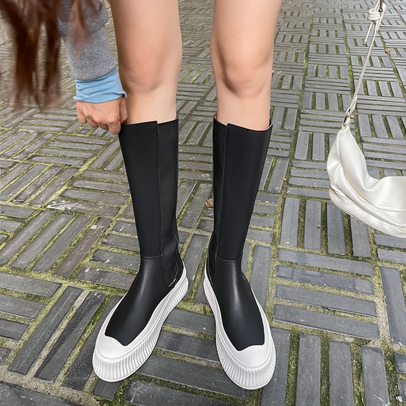 Hakiki Deri Platformu Kadın Uzun Çizmeler Rahat Slip-on Yüksek Çizmeler Kalın Taban Karışık Renk Botas Mujer Tasarımcı bayan Ayakkabıları