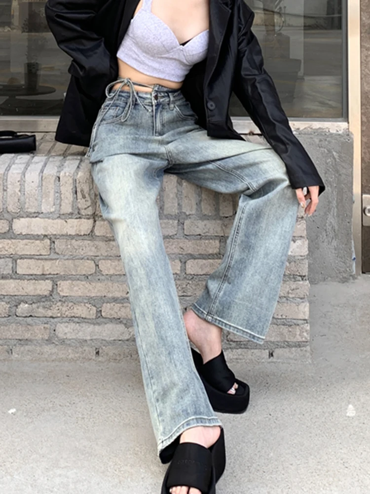 Circyy Şalvar Kot Kadın Mavi Yüksek belli kot pantolon Y2K Streetwear Vintage Moda Yeni Bahar Tam Boy Pantolon Tasarımcısı