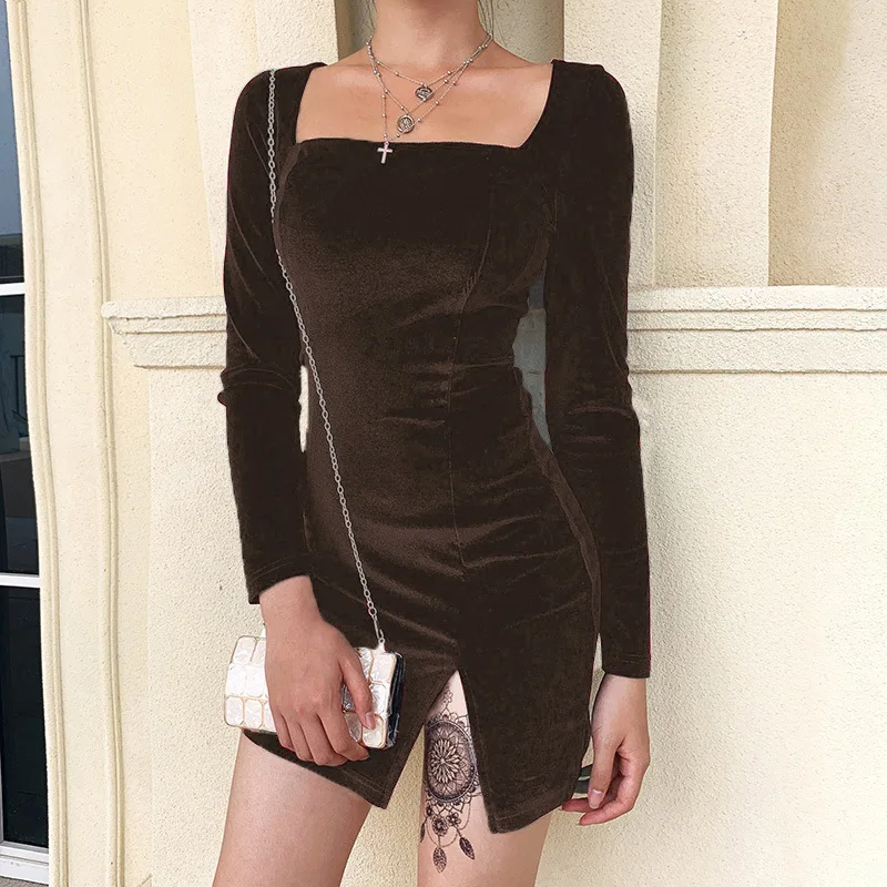 2023 Yaz Seksi Kadın Elbise Kadife Bölünmüş Parti Clubwear Uzun Kollu İnce Kadın Elbiseler Sıcak Siyah Bodycon Katı Mini Vestidos