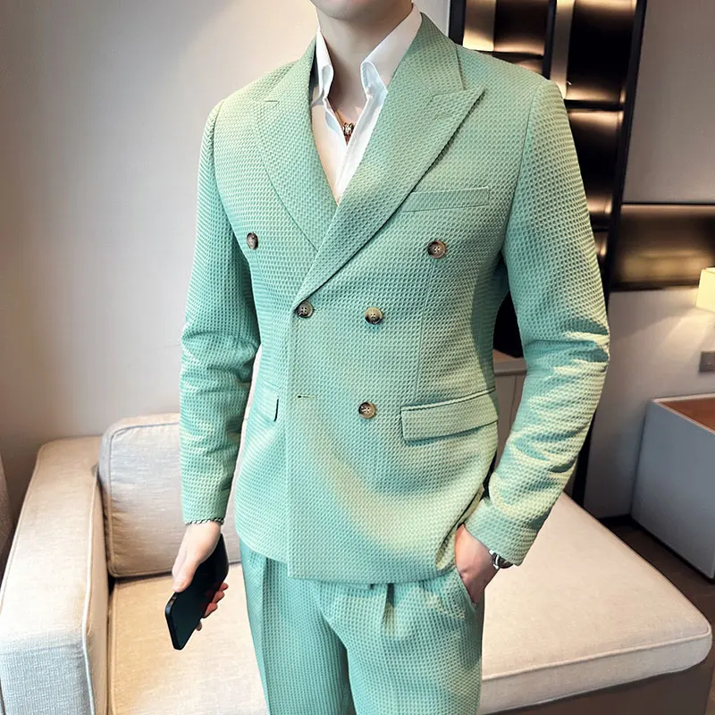 2023 Butik high-end İngilizce elbise (Blazer-batı pantolon) Waffle moda erkek günlük giysi kruvaze takım elbise iki parçalı set