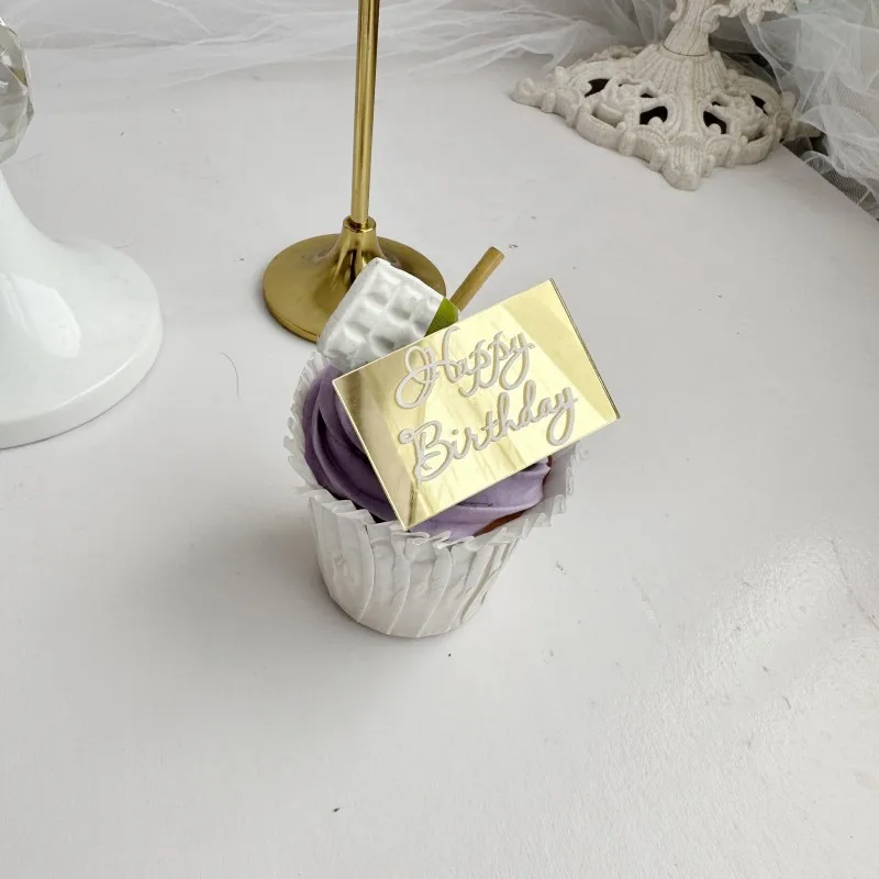 Dikdörtgen Yan Altın Mutlu Doğum Günü Pastası Topper Cupcake Toppers Bebek Doğum Günü Partisi Kek Süslemeleri Kek Dekorasyon Araçları