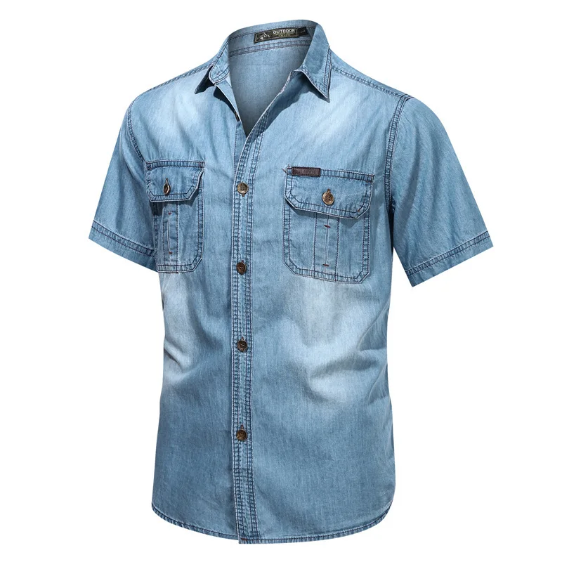 Denim Gömlek Kısa Erkekler Açık Mavi erkek Kollu İnce Pamuklu İnce Elastik Kot Denim Gömlek Erkekler Yaz Yüksek Kaliteli Cepler Gömlek