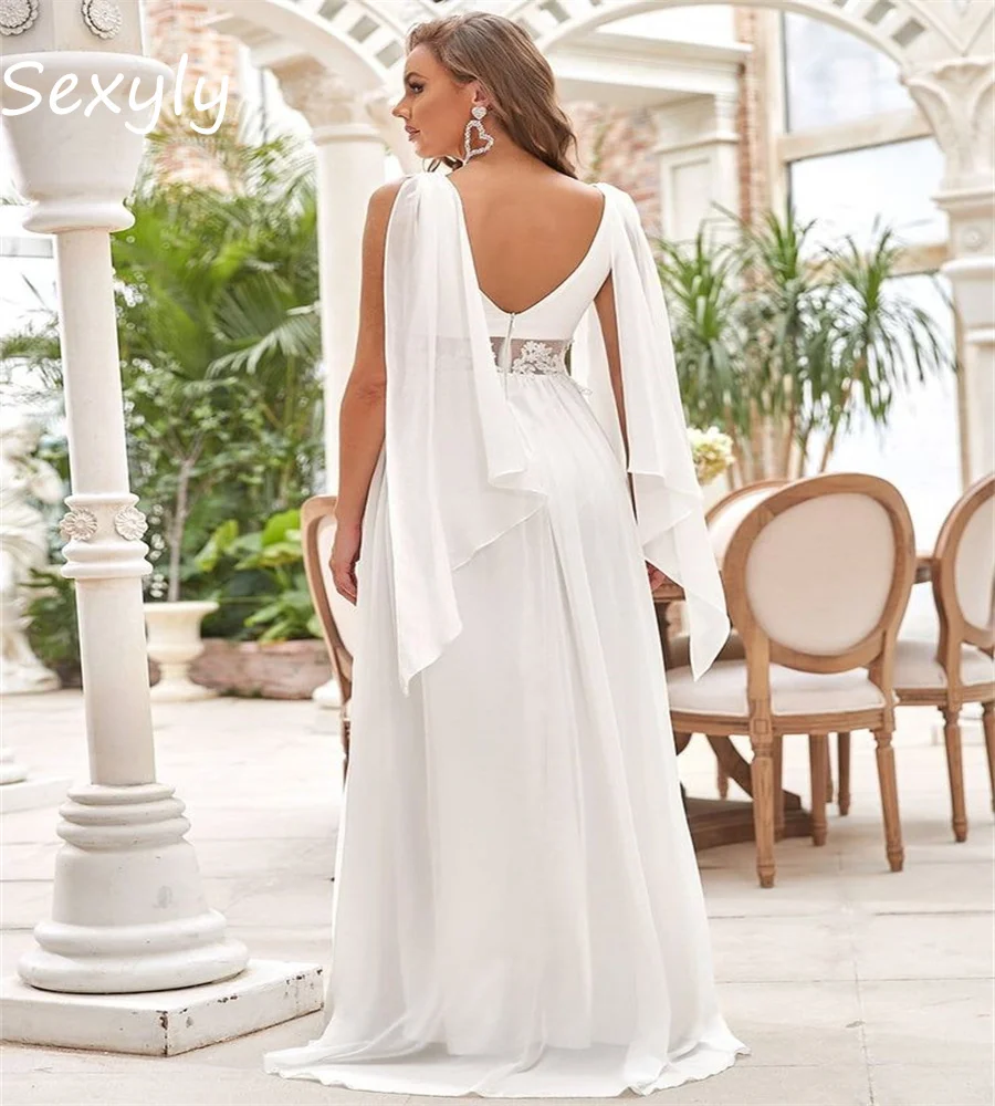 Basit Beyaz Plaj Boho düğün elbisesi 2023 Kat Uzunluk Şifon V Boyun Bohemian gelin elbiseleri Cap Sleeve Hochzeit Kore Tarzı