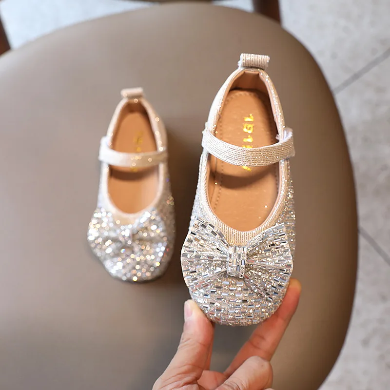 Çocuk Kristal deri ayakkabı Taklidi Yay Prenses Kız Parti Dans Ayakkabıları Bebek Kız Flats Çocuklar Performans Ayakkabı Mary Janes