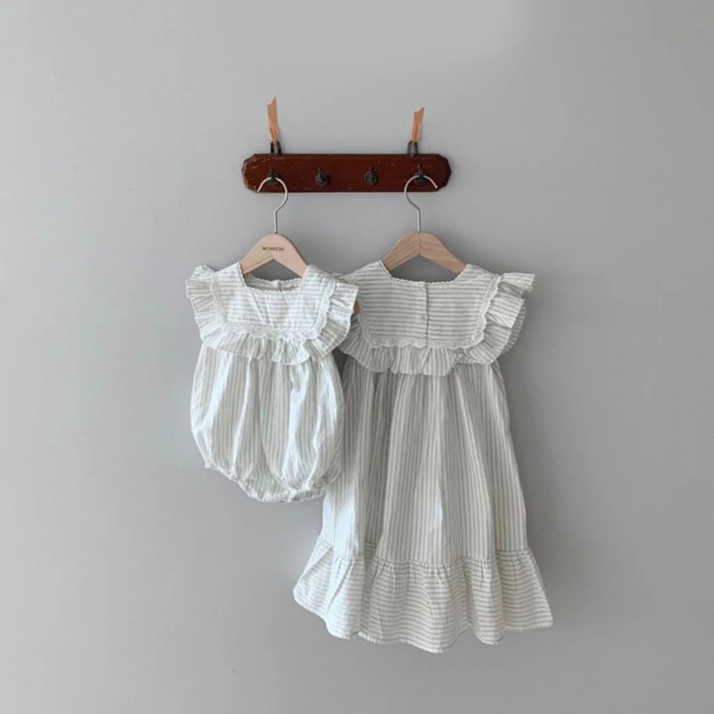 Vintage Şerit Romper Kızlar için Giysi Yaz Ruffles Dantel Yenidoğan Bodysuit Yürümeye Başlayan Kızlar için Giyim Seti Çocuk Tulum