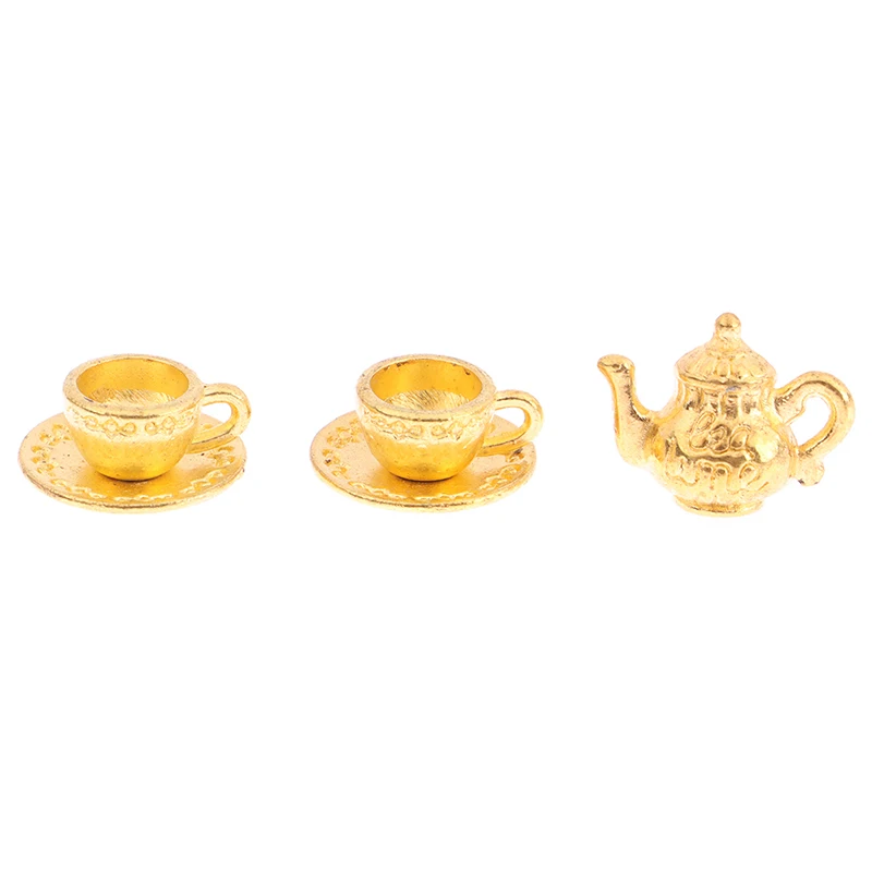 1 Takım Dollhouse Minyatür çay seti Metal Altın Pot ve Bardak ve Bardak Tepsileri 1/12 Bebek Evi Mutfak Dekorasyon