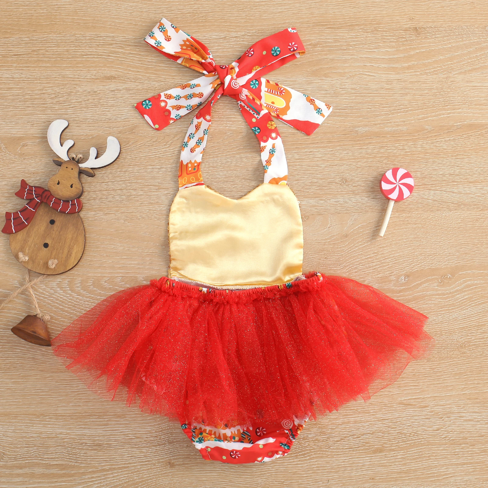 FOCUSNORM Noel Bebek Kız Erkek Sevimli Romper Elbise 0-24 M Karikatür Baskılı Payetli Straplez Dantel Tutu Tulumlar