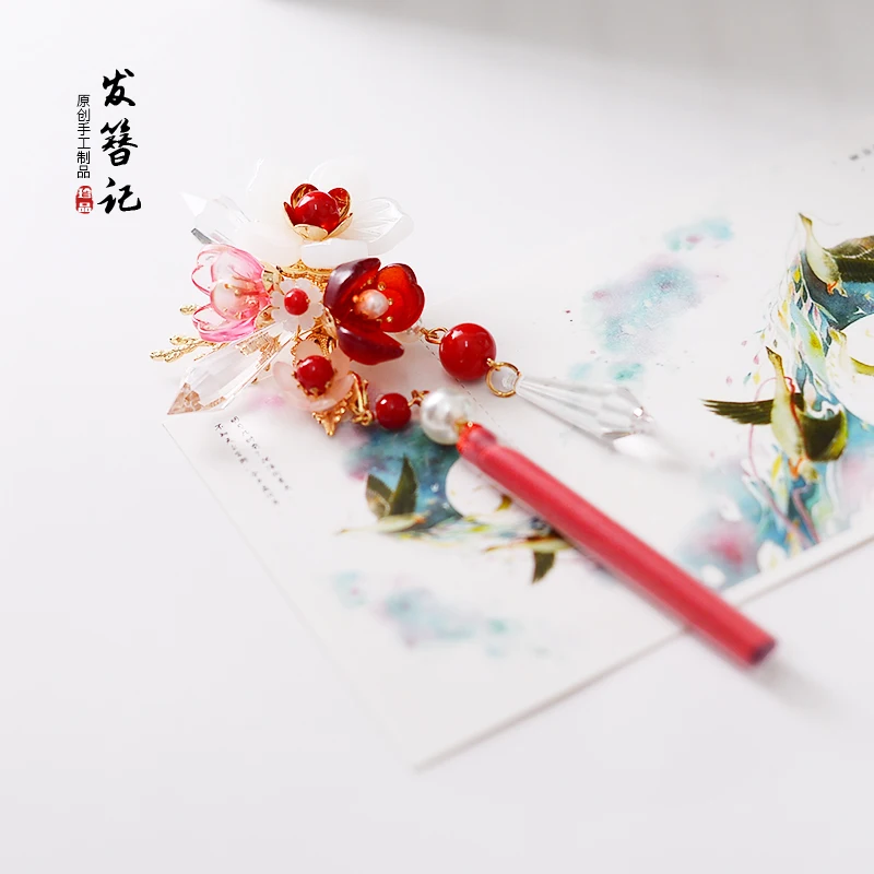 çift vintage kırmızı çiçek el yapımı saç tokası püskül saç aksesuarları Şapkalar kimono hanfu COSPLAY FZ